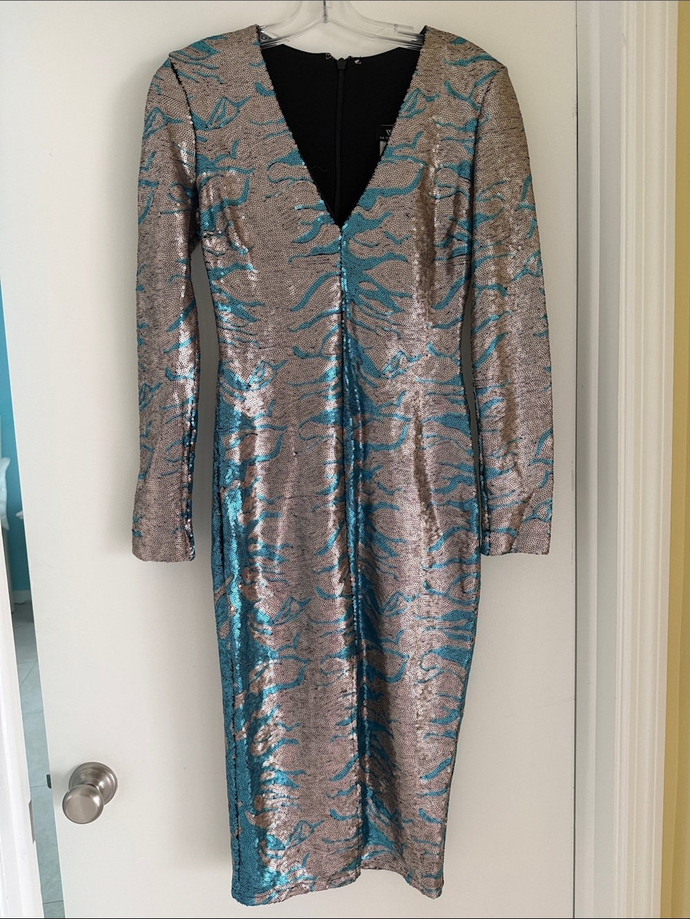Va Va Voom Sequin V-Neck Long Sleeve Sheath Dress in Teal and Silver S